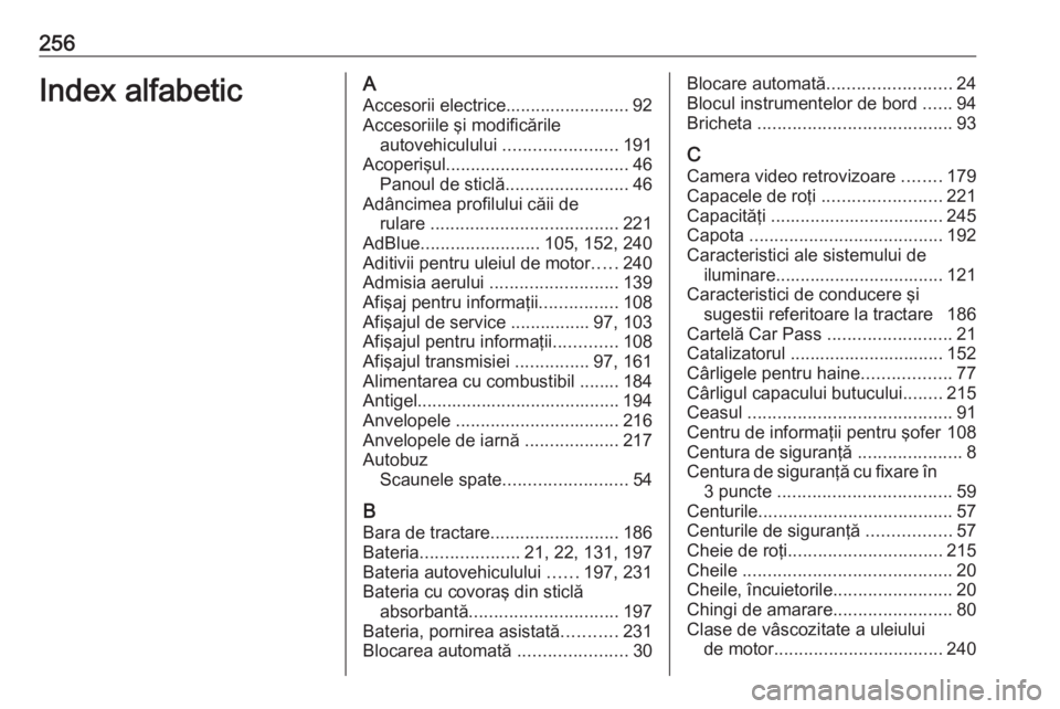 OPEL MOVANO_B 2019 Manual de utilizare (in Romanian) 256Index alfabeticAAccesorii electrice......................... 92
Accesoriile şi modificările autovehiculului .......................191
Acoperişul ..................................... 46
Panoul OPEL MOVANO_B 2019 Manual de utilizare (in Romanian) 256Index alfabeticAAccesorii electrice......................... 92
Accesoriile şi modificările autovehiculului .......................191
Acoperişul ..................................... 46
Panoul