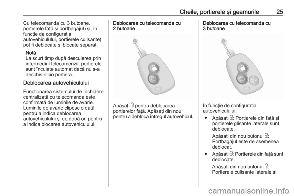 OPEL MOVANO_B 2019  Manual de utilizare (in Romanian) Cheile, portierele şi geamurile25Cu telecomanda cu 3 butoane,
portierele faţă şi portbagajul (şi, în
funcţie de configuraţia
autovehiculului, portierele culisante)
pot fi deblocate şi blocate