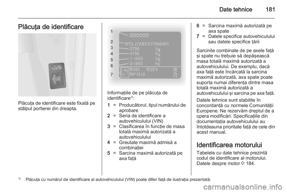 OPEL VIVARO B 2014.5  Manual de utilizare (in Romanian) Date tehnice181Plăcuţa de identificare
Plăcuţa de identificare este fixată pe
stâlpul portierei din dreapta.
Informaţiile de pe plăcuţa de
identificare 1)
:
1=Producătorul, tipul numărului 