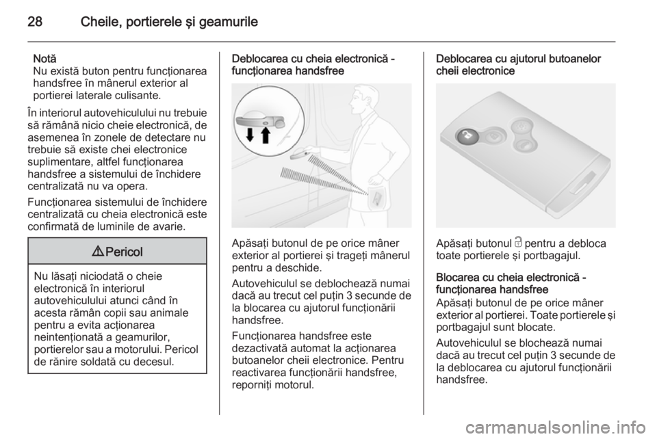OPEL VIVARO B 2014.5  Manual de utilizare (in Romanian) 28Cheile, portierele şi geamurile
Notă
Nu există buton pentru funcţionarea
handsfree în mânerul exterior al portierei laterale culisante.
În interiorul autovehiculului nu trebuie
să rămână 