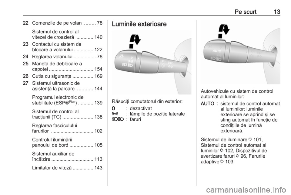 OPEL VIVARO B 2016  Manual de utilizare (in Romanian) Pe scurt1322Comenzile de pe volan  ........78
Sistemul de control al
vitezei de croazieră  ............140
23 Contactul cu sistem de
blocare a volanului ..............122
24 Reglarea volanului ......