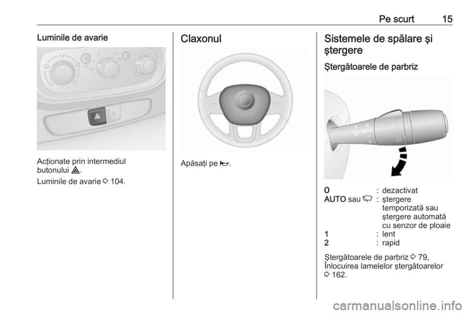 OPEL VIVARO B 2016  Manual de utilizare (in Romanian) Pe scurt15Luminile de avarie
Acţionate prin intermediul
butonului  ¨.
Luminile de avarie  3 104.
Claxonul
Apăsaţi pe  j.
Sistemele de spălare şi
ştergere
Ştergătoarele de parbriz7:dezactivatA