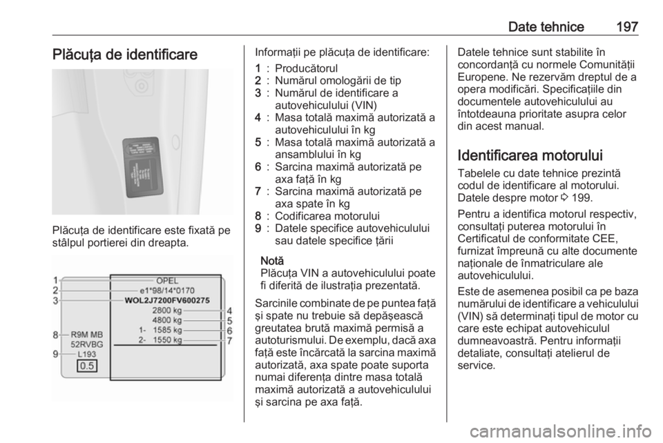 OPEL VIVARO B 2016  Manual de utilizare (in Romanian) Date tehnice197Plăcuţa de identificare
Plăcuţa de identificare este fixată pe
stâlpul portierei din dreapta.
Informaţii pe plăcuţa de identificare:1:Producătorul2:Numărul omologării de tip