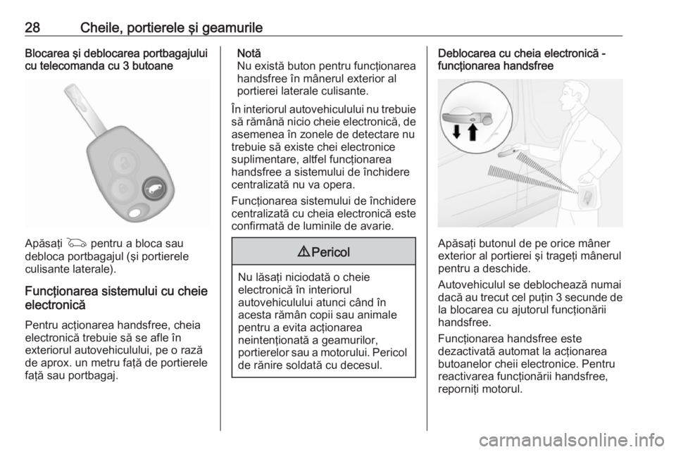 OPEL VIVARO B 2016  Manual de utilizare (in Romanian) 28Cheile, portierele şi geamurileBlocarea şi deblocarea portbagajului
cu telecomanda cu 3 butoane
Apăsaţi  G pentru a bloca sau
debloca portbagajul (şi portierele
culisante laterale).
Funcţionar