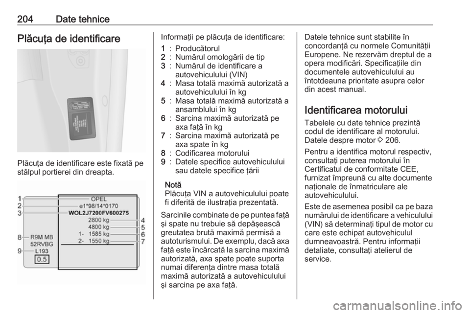 OPEL VIVARO B 2016.5  Manual de utilizare (in Romanian) 204Date tehnicePlăcuţa de identificare
Plăcuţa de identificare este fixată pe
stâlpul portierei din dreapta.
Informaţii pe plăcuţa de identificare:1:Producătorul2:Numărul omologării de tip