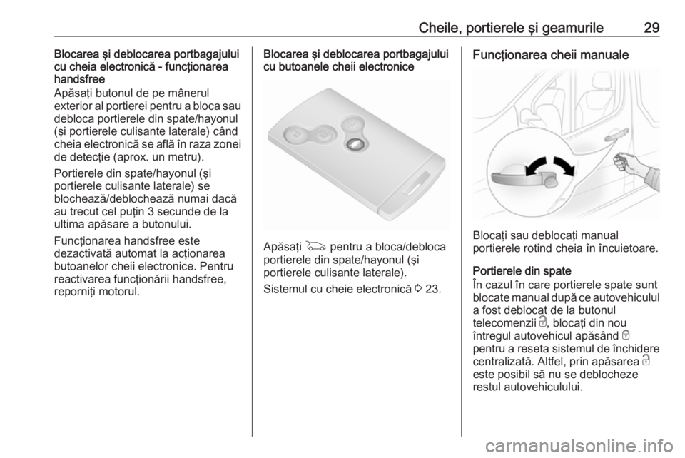 OPEL VIVARO B 2016.5  Manual de utilizare (in Romanian) Cheile, portierele şi geamurile29Blocarea şi deblocarea portbagajului
cu cheia electronică - funcţionarea
handsfree
Apăsaţi butonul de pe mânerul
exterior al portierei pentru a bloca sau
debloc