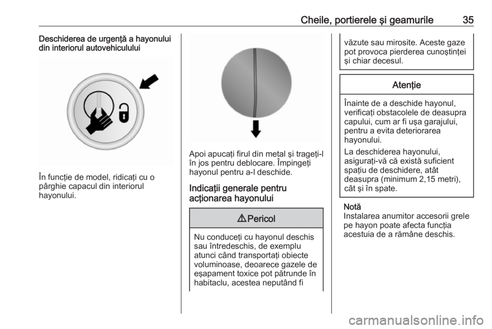 OPEL VIVARO B 2016.5  Manual de utilizare (in Romanian) Cheile, portierele şi geamurile35Deschiderea de urgenţă a hayonului
din interiorul autovehiculului
În funcţie de model, ridicaţi cu o
pârghie capacul din interiorul
hayonului.
Apoi apucaţi fir