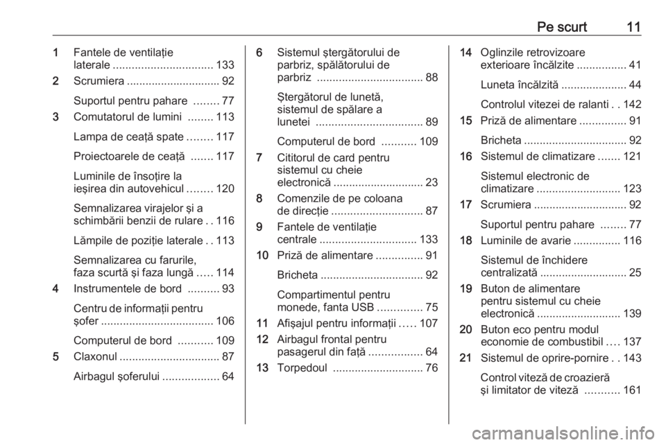OPEL VIVARO B 2017.5  Manual de utilizare (in Romanian) Pe scurt111Fantele de ventilaţie
laterale ................................ 133
2 Scrumiera .............................. 92
Suportul pentru pahare  ........77
3 Comutatorul de lumini  ........113
La
