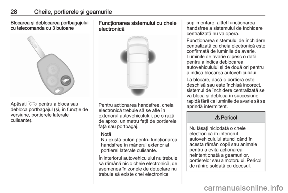 OPEL VIVARO B 2017.5  Manual de utilizare (in Romanian) 28Cheile, portierele şi geamurileBlocarea şi deblocarea portbagajului
cu telecomanda cu 3 butoane
Apăsaţi  G pentru a bloca sau
debloca portbagajul (şi, în funcţie de
versiune, portierele later