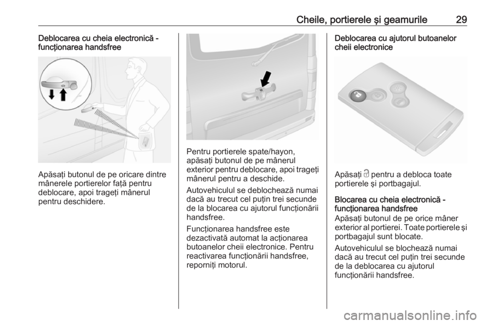 OPEL VIVARO B 2017.5  Manual de utilizare (in Romanian) Cheile, portierele şi geamurile29Deblocarea cu cheia electronică -
funcţionarea handsfree
Apăsaţi butonul de pe oricare dintre
mânerele portierelor faţă pentru
deblocare, apoi trageţi mâneru