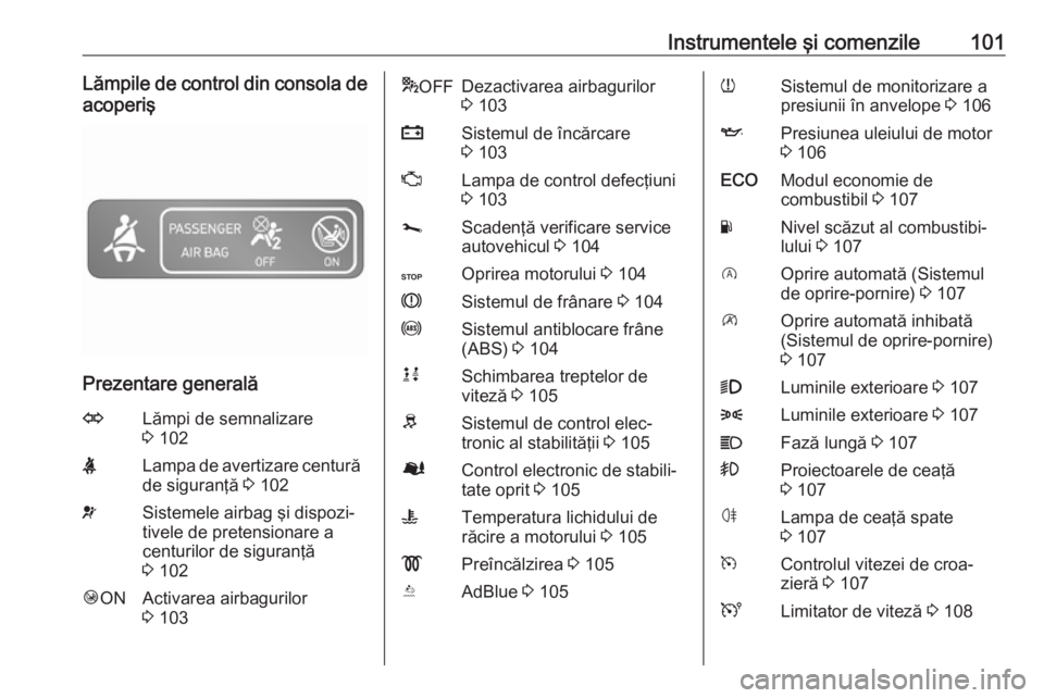 OPEL VIVARO B 2019 Manual de utilizare (in Romanian) Instrumentele şi comenzile101Lămpile de control din consola deacoperiş
Prezentare generală
OLămpi de semnalizare
3 102XLampa de avertizare centură
de siguranţă 3 102vSistemele airbag şi dis OPEL VIVARO B 2019 Manual de utilizare (in Romanian) Instrumentele şi comenzile101Lămpile de control din consola deacoperiş
Prezentare generală
OLămpi de semnalizare
3 102XLampa de avertizare centură
de siguranţă 3 102vSistemele airbag şi dis