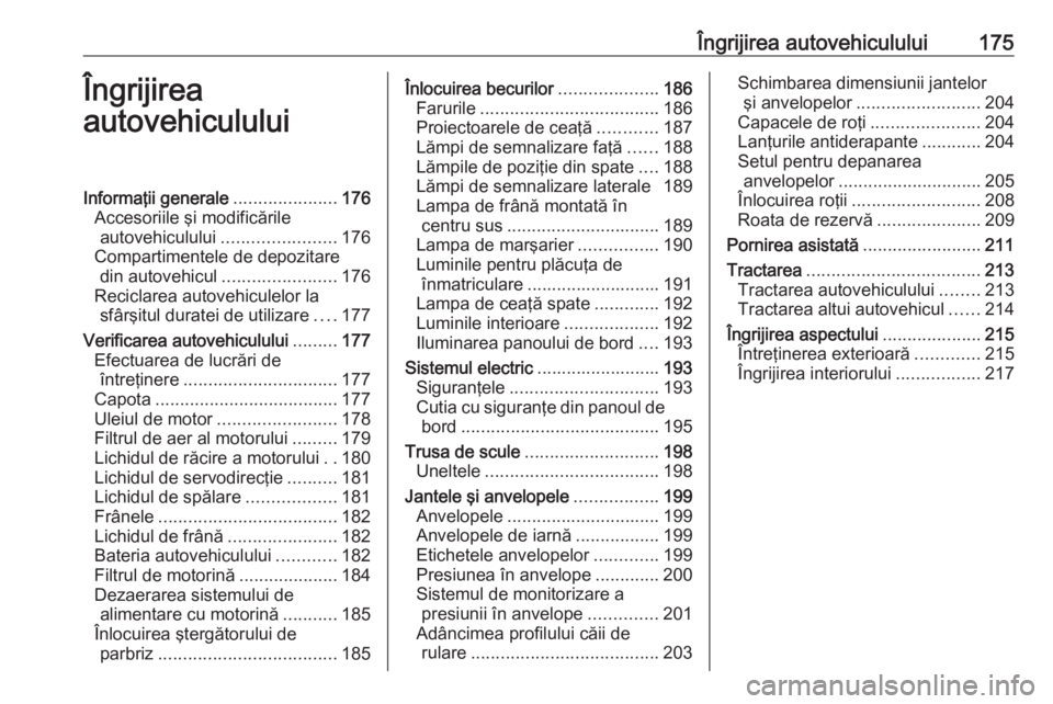 OPEL VIVARO B 2019 Manual de utilizare (in Romanian) Îngrijirea autovehiculului175Îngrijirea
autovehicululuiInformaţii generale .....................176
Accesoriile şi modificările autovehiculului ....................... 176
Compartimentele de depo OPEL VIVARO B 2019 Manual de utilizare (in Romanian) Îngrijirea autovehiculului175Îngrijirea
autovehicululuiInformaţii generale .....................176
Accesoriile şi modificările autovehiculului ....................... 176
Compartimentele de depo