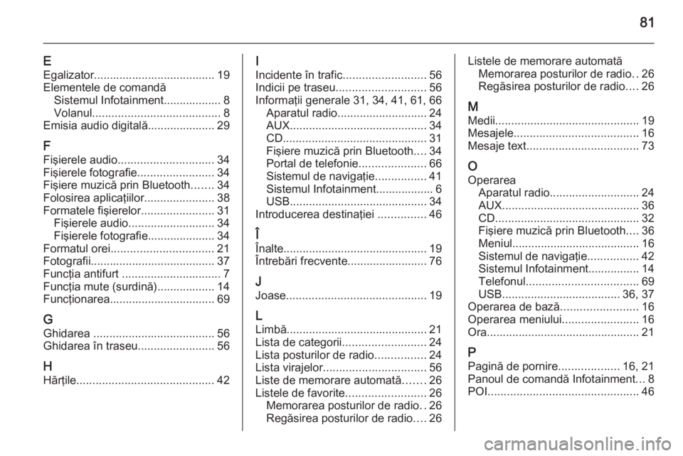 OPEL ZAFIRA C 2014.5  Manual pentru sistemul Infotainment (in Romanian) 81
EEgalizator...................................... 19
Elementele de comandă Sistemul Infotainment.................. 8
Volanul ........................................ 8
Emisia audio digitală......