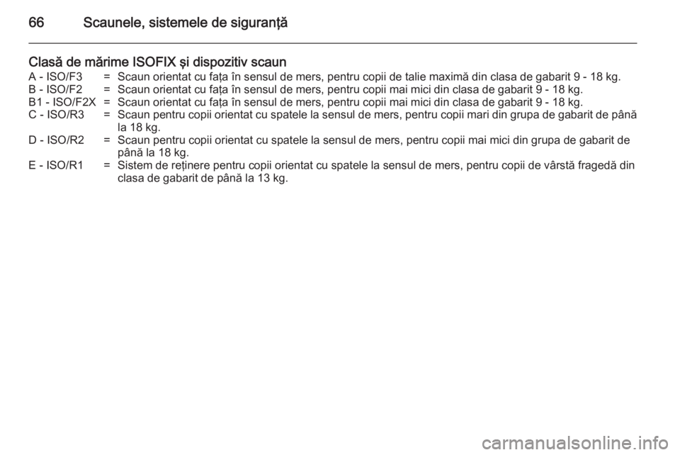 OPEL ZAFIRA C 2014.5 Manual de utilizare (in Romanian) 66Scaunele, sistemele de siguranţă
Clasă de mărime ISOFIX şi dispozitiv scaunA - ISO/F3=Scaun orientat cu faţa în sensul de mers, pentru copii de talie maximă din clasa de gabarit 9 - 18 kg.B OPEL ZAFIRA C 2014.5 Manual de utilizare (in Romanian) 66Scaunele, sistemele de siguranţă
Clasă de mărime ISOFIX şi dispozitiv scaunA - ISO/F3=Scaun orientat cu faţa în sensul de mers, pentru copii de talie maximă din clasa de gabarit 9 - 18 kg.B