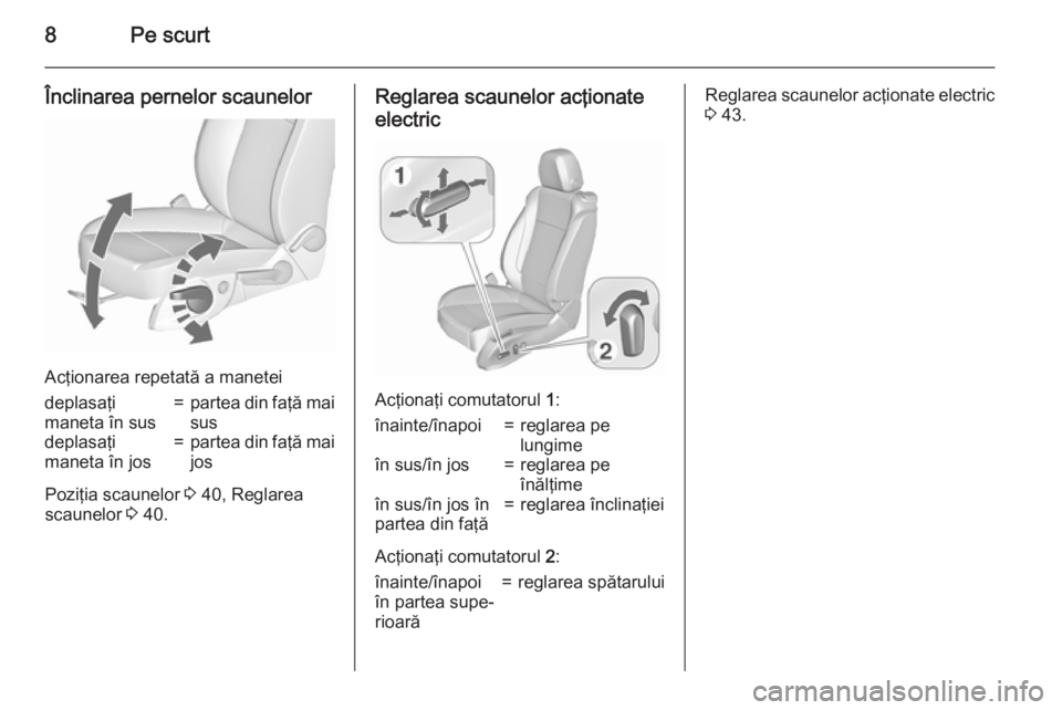 OPEL ZAFIRA C 2015.5  Manual de utilizare (in Romanian) 8Pe scurt
Înclinarea pernelor scaunelor
Acţionarea repetată a manetei
deplasaţi
maneta în sus=partea din faţă mai susdeplasaţi
maneta în jos=partea din faţă mai jos
Poziţia scaunelor  3 40
