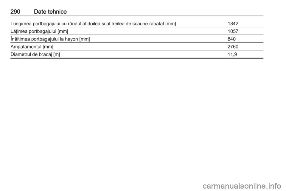 OPEL ZAFIRA C 2017  Manual de utilizare (in Romanian) 290Date tehniceLungimea portbagajului cu rândul al doilea şi al treilea de scaune rabatat [mm]1842Lăţimea portbagajului [mm]1057Înălţimea portbagajului la hayon [mm]840Ampatamentul [mm]2760Diam