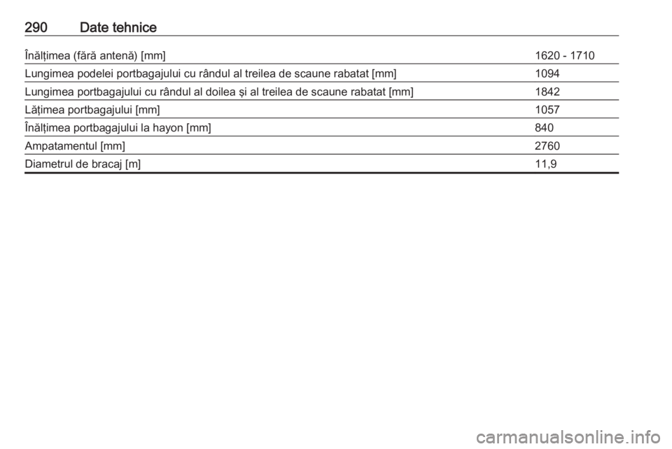 OPEL ZAFIRA C 2017.25  Manual de utilizare (in Romanian) 290Date tehniceÎnălţimea (fără antenă) [mm]1620 - 1710Lungimea podelei portbagajului cu rândul al treilea de scaune rabatat [mm]1094Lungimea portbagajului cu rândul al doilea şi al treilea de