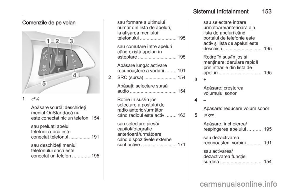OPEL ZAFIRA C 2018 Manual de utilizare (in Romanian) Sistemul Infotainment153Comenzile de pe volan
1qw
Apăsare scurtă: deschideţi
meniul OnStar dacă nu
este conectat niciun telefon 154
sau preluaţi apelul
telefonic dacă este
conectat telefonul ... OPEL ZAFIRA C 2018 Manual de utilizare (in Romanian) Sistemul Infotainment153Comenzile de pe volan
1qw
Apăsare scurtă: deschideţi
meniul OnStar dacă nu
este conectat niciun telefon 154
sau preluaţi apelul
telefonic dacă este
conectat telefonul ...