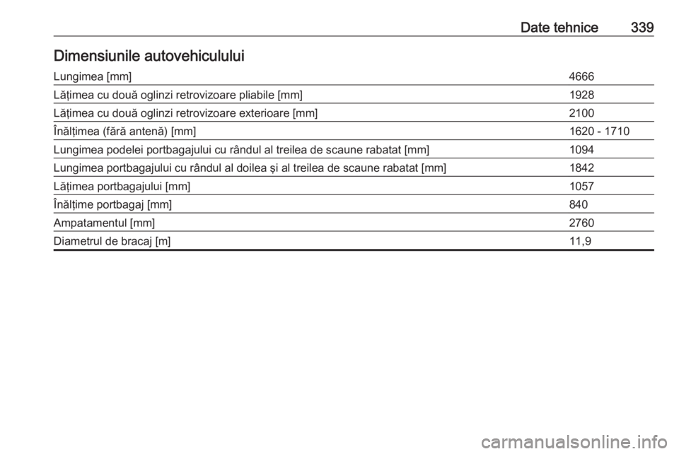 OPEL ZAFIRA C 2018  Manual de utilizare (in Romanian) Date tehnice339Dimensiunile autovehicululuiLungimea [mm]4666Lăţimea cu două oglinzi retrovizoare pliabile [mm]1928Lăţimea cu două oglinzi retrovizoare exterioare [mm]2100Înălţimea (fără ant