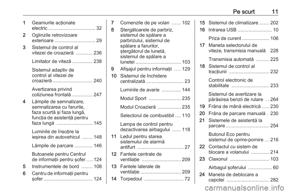 OPEL ZAFIRA C 2018.5  Manual de utilizare (in Romanian) Pe scurt111Geamurile acţionate
electric ................................... 32
2 Oglinzile retrovizoare
exterioare .............................. 29
3 Sistemul de control al
vitezei de croazieră  ..