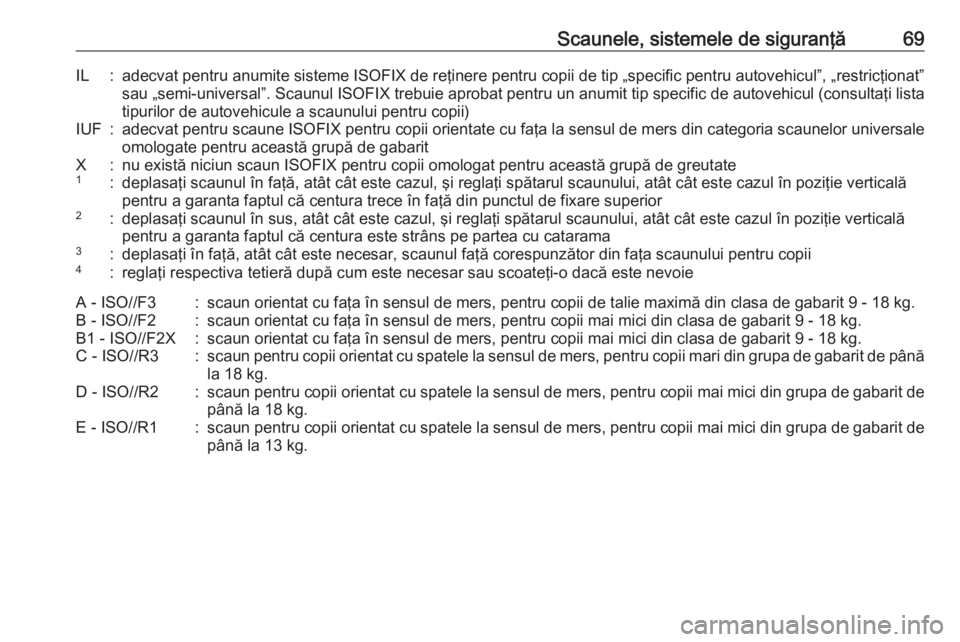OPEL ZAFIRA C 2018.5 Manual de utilizare (in Romanian) Scaunele, sistemele de siguranţă69IL:adecvat pentru anumite sisteme ISOFIX de reţinere pentru copii de tip „specific pentru autovehicul”, „restricţionat”
sau „semi-universal”. Scaunul OPEL ZAFIRA C 2018.5 Manual de utilizare (in Romanian) Scaunele, sistemele de siguranţă69IL:adecvat pentru anumite sisteme ISOFIX de reţinere pentru copii de tip „specific pentru autovehicul”, „restricţionat”
sau „semi-universal”. Scaunul