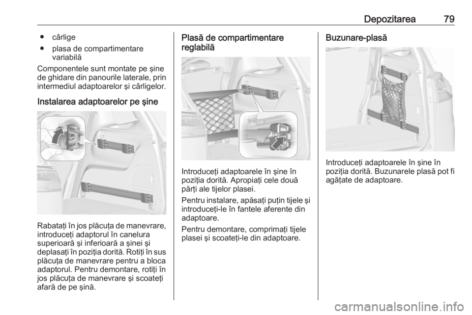OPEL ZAFIRA C 2019  Manual de utilizare (in Romanian) Depozitarea79● cârlige
● plasa de compartimentare variabilă
Componentele sunt montate pe şine
de ghidare din panourile laterale, prin
intermediul adaptoarelor şi cârligelor.
Instalarea adapto