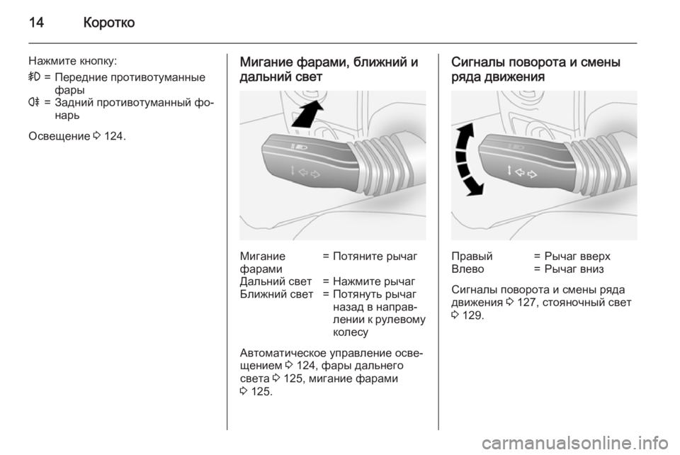 OPEL ANTARA 2015  Инструкция по эксплуатации (in Russian) 14Коротко
Нажмите кнопку:>=Передние противотуманные
фарыr=Задний противотуманный фо‐
нарь
Освещение  3 124.
Миг�