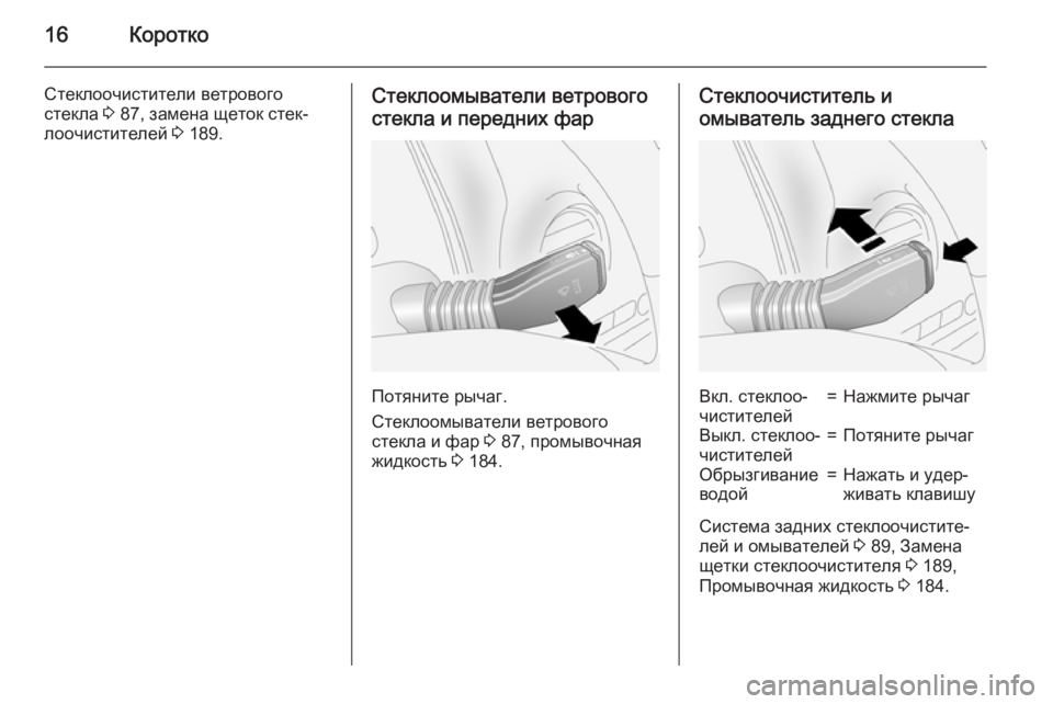 OPEL ANTARA 2015  Инструкция по эксплуатации (in Russian) 16Коротко
Стеклоочистители ветрового
стекла  3 87, замена щеток стек‐
лоочистителей  3 189.Стеклоомыватели ветро