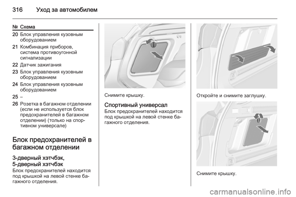 OPEL ASTRA J 2015  Инструкция по эксплуатации (in Russian) 316Уход за автомобилем
№Схема20Блок управления кузовным
оборудованием21Комбинация приборов,
система противоу