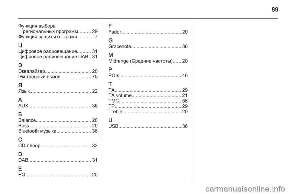 OPEL ASTRA J 2015.5  Руководство по информационно-развлекательной системе (in Russian) 89
Функция выборарегиональных программ .........29
Функция защиты от кражи  ...........7
Ц Цифровое радиовещание ..........31
