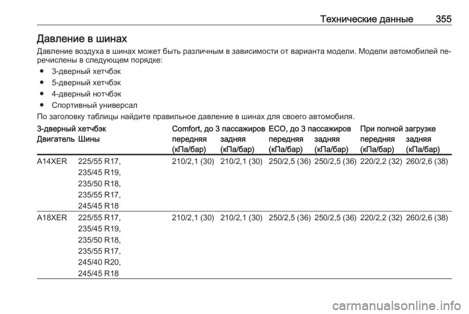 OPEL ASTRA J 2016  Инструкция по эксплуатации (in Russian) Технические данные355Давление в шинахДавление воздуха в шинах может быть различным в зависимости от варианта
