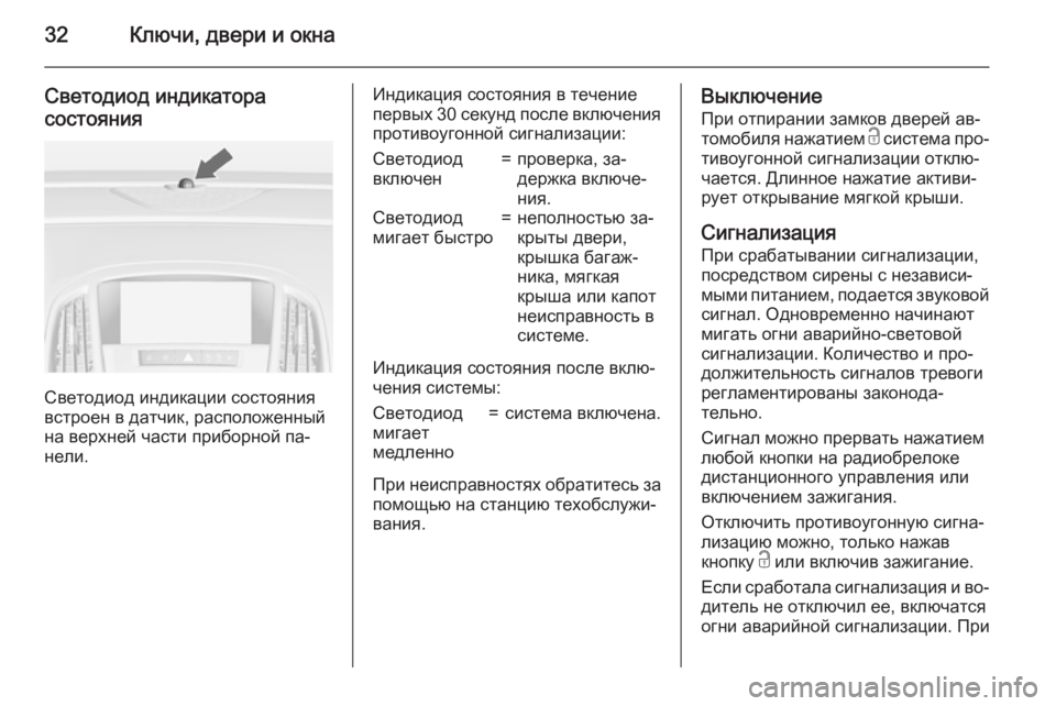 OPEL CASCADA 2015  Инструкция по эксплуатации (in Russian) 32Ключи, двери и окна
Светодиод индикаторасостояния
Светодиод индикации состояния
встроен в датчик, располож