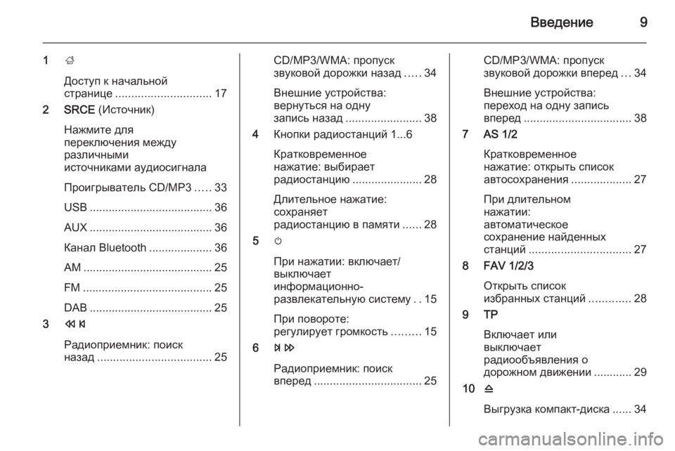 OPEL CASCADA 2015.5  Руководство по информационно-развлекательной системе (in Russian) Введение9
1;
Доступ к начальной
странице .............................. 17
2 SRCE  (Источник)
Нажмите для
переключения между
разл