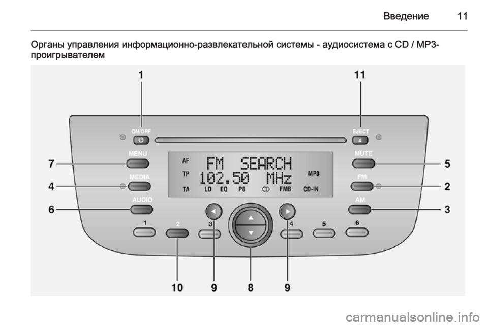 OPEL COMBO 2014  Руководство по информационно-развлекательной системе (in Russian) Введение11
Органы управления информационно-развлекательной системы - аудиосистема с CD / MP3-
проигрывателем 