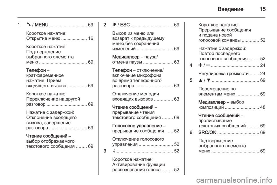OPEL COMBO 2014  Руководство по информационно-развлекательной системе (in Russian) Введение15
1Â / MENU ............................. 69
Короткое нажатие:
Открытие меню .................... 16
Короткое нажатие:
Подтвержде�