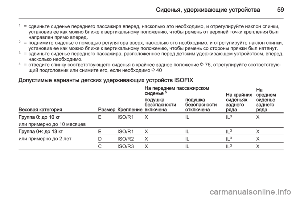 OPEL CORSA 2015 Инструкция по эксплуатации (in Russian) Сиденья, удерживающие устройства59
1=сдвиньте сиденье переднего пассажира вперед, насколько это необходимо, и OPEL CORSA 2015 Инструкция по эксплуатации (in Russian) Сиденья, удерживающие устройства59
1=сдвиньте сиденье переднего пассажира вперед, насколько это необходимо, и