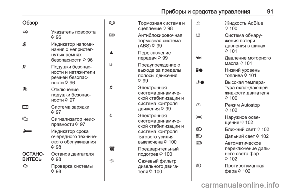 OPEL CROSSLAND X 2017.75  Инструкция по эксплуатации (in Russian) Приборы и средства управления91ОбзорOУказатель поворота
3  96XИндикатор напоми‐
нания о непристег‐
нутых ремн