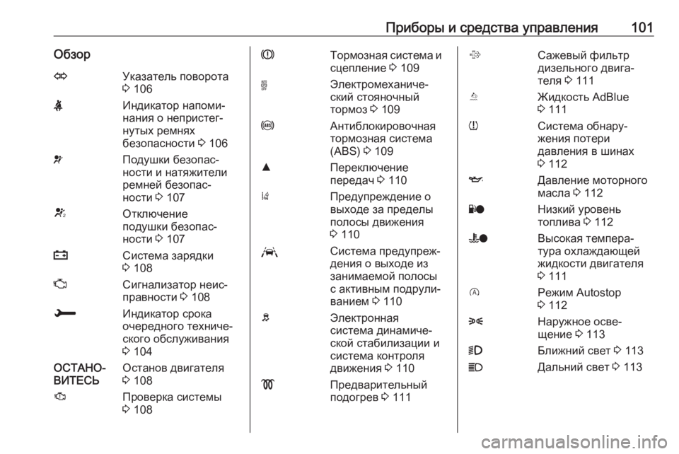 OPEL GRANDLAND X 2018.5  Инструкция по эксплуатации (in Russian) Приборы и средства управления101ОбзорOУказатель поворота
3  106XИндикатор напоми‐
нания о непристег‐
нутых рем