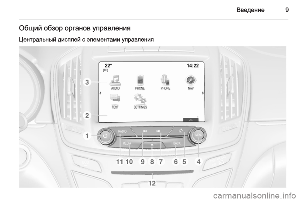 OPEL INSIGNIA 2014  Руководство по информационно-развлекательной системе (in Russian) Введение9Общий обзор органов управления
Центральный дисплей с элементами управления 