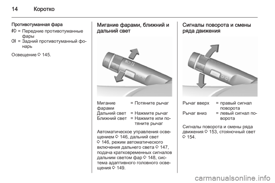 OPEL INSIGNIA 2015.5  Инструкция по эксплуатации (in Russian) 14Коротко
Противотуманная фара>=Передние противотуманные
фарыr=Задний противотуманный фо‐
нарь
Освещение  3 1