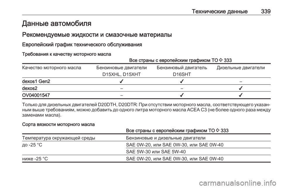 OPEL INSIGNIA BREAK 2019.5  Инструкция по эксплуатации (in Russian) Технические данные339Данные автомобиля
Рекомендуемые жидкости и смазочные материалы
Европейский график тех