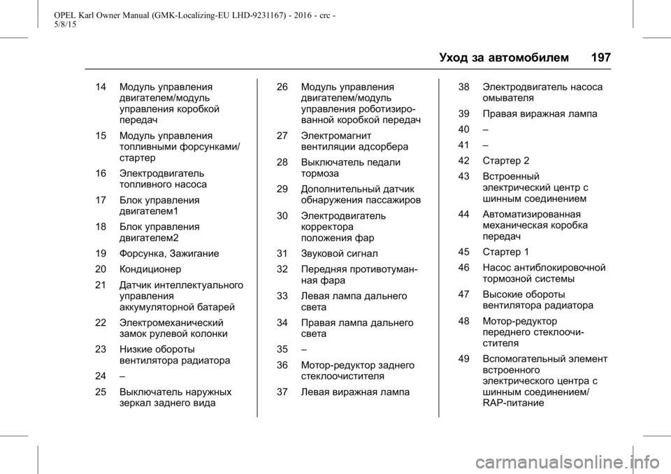 OPEL KARL 2015.75 Инструкция по эксплуатации (in Russian) OPEL Karl Owner Manual (GMK-Localizing-EU LHD-9231167) - 2016 - crc -
5/8/15
Уход за автомобилем197
14Модуль управления
двигателем/модуль
управл OPEL KARL 2015.75 Инструкция по эксплуатации (in Russian) OPEL Karl Owner Manual (GMK-Localizing-EU LHD-9231167) - 2016 - crc -
5/8/15
Уход за автомобилем197
14Модуль управления
двигателем/модуль
управл