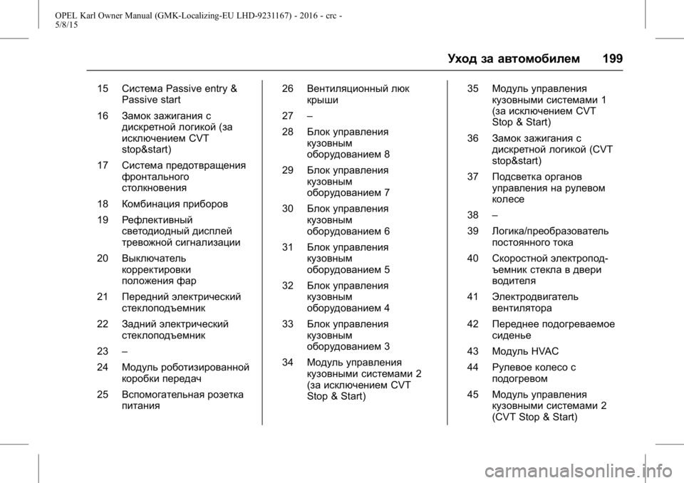 OPEL KARL 2015.75 Инструкция по эксплуатации (in Russian) OPEL Karl Owner Manual (GMK-Localizing-EU LHD-9231167) - 2016 - crc -
5/8/15
Уход за автомобилем199
15Система Passive entry &
Passive start
16 Замок зажигания с
OPEL KARL 2015.75 Инструкция по эксплуатации (in Russian) OPEL Karl Owner Manual (GMK-Localizing-EU LHD-9231167) - 2016 - crc -
5/8/15
Уход за автомобилем199
15Система Passive entry &
Passive start
16 Замок зажигания с