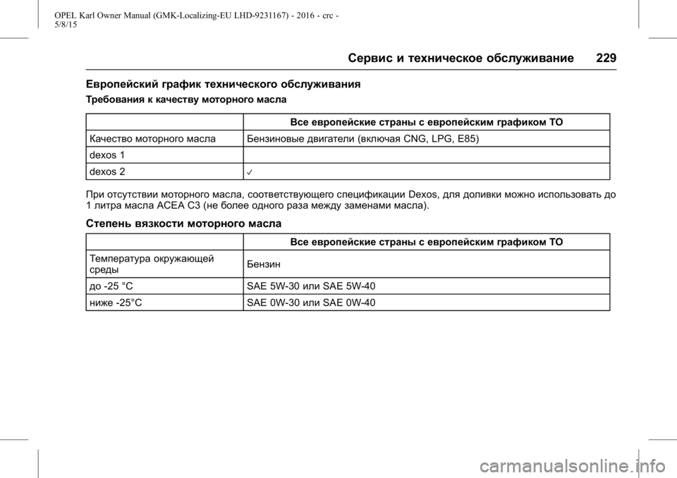 OPEL KARL 2015.75 Инструкция по эксплуатации (in Russian) OPEL Karl Owner Manual (GMK-Localizing-EU LHD-9231167) - 2016 - crc -
5/8/15
Сервис и техническое обслуживание229
Европейский график техническо OPEL KARL 2015.75 Инструкция по эксплуатации (in Russian) OPEL Karl Owner Manual (GMK-Localizing-EU LHD-9231167) - 2016 - crc -
5/8/15
Сервис и техническое обслуживание229
Европейский график техническо