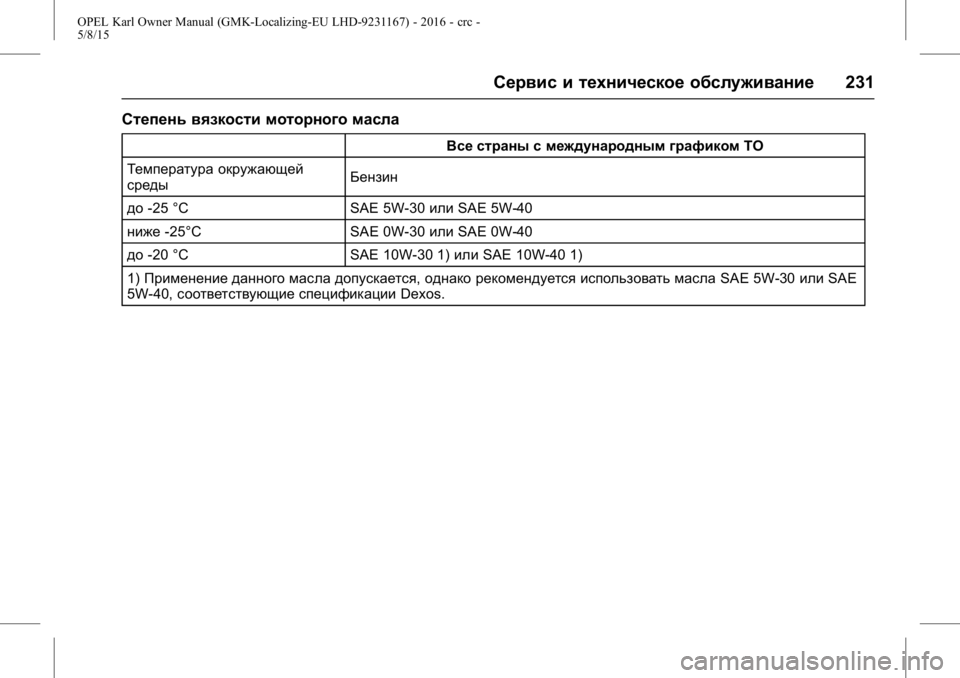 OPEL KARL 2015.75 Инструкция по эксплуатации (in Russian) OPEL Karl Owner Manual (GMK-Localizing-EU LHD-9231167) - 2016 - crc -
5/8/15
Сервис и техническое обслуживание231
Степень вязкости моторного ма OPEL KARL 2015.75 Инструкция по эксплуатации (in Russian) OPEL Karl Owner Manual (GMK-Localizing-EU LHD-9231167) - 2016 - crc -
5/8/15
Сервис и техническое обслуживание231
Степень вязкости моторного ма