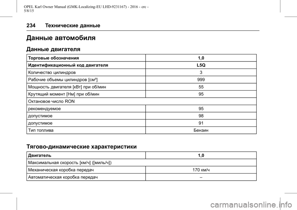 OPEL KARL 2015.75 Инструкция по эксплуатации (in Russian) OPEL Karl Owner Manual (GMK-Localizing-EU LHD-9231167) - 2016 - crc -
5/8/15
234Технические данные
Данные автомобиля
Данные двигателя
Торговые OPEL KARL 2015.75 Инструкция по эксплуатации (in Russian) OPEL Karl Owner Manual (GMK-Localizing-EU LHD-9231167) - 2016 - crc -
5/8/15
234Технические данные
Данные автомобиля
Данные двигателя
Торговые