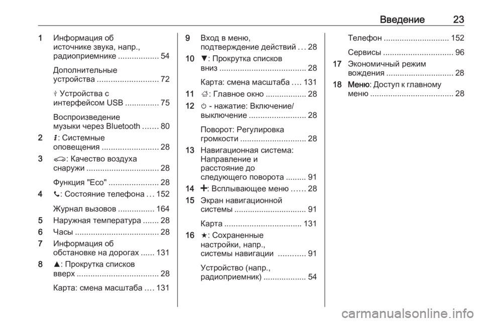 OPEL VIVARO B 2016  Руководство по информационно-развлекательной системе (in Russian) Введение231Информация об
источнике звука, напр., радиоприемнике ..................54
Дополнительные
устройства .............