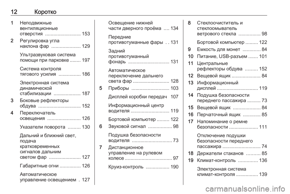 OPEL MOVANO_B 2018.5  Инструкция по эксплуатации (in Russian) 12Коротко1Неподвижные
вентиляционные
отверстия  .......................... 153
2 Регулировка угла
наклона фар  .....................12