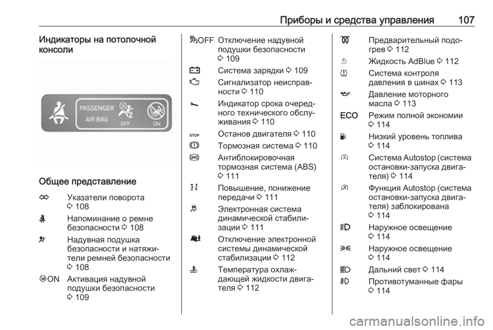 OPEL VIVARO B 2018.5  Инструкция по эксплуатации (in Russian) Приборы и средства управления107Индикаторы на потолочной
консоли
Общее представление
OУказатели поворота
3  10