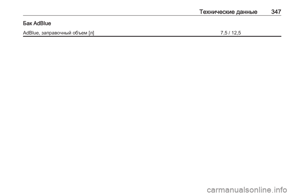 OPEL ZAFIRA C 2019  Инструкция по эксплуатации (in Russian) Технические данные347Бак AdBlueAdBlue, заправочный объем [л]7,5 / 12,5 